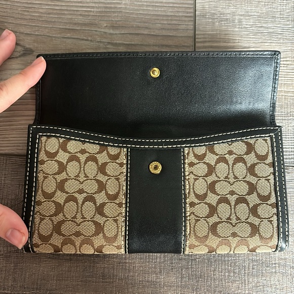 Coach Signature C Brown Canvas Leather Trim Credit Card Bifold Long Wallet - Picture 8 of 10